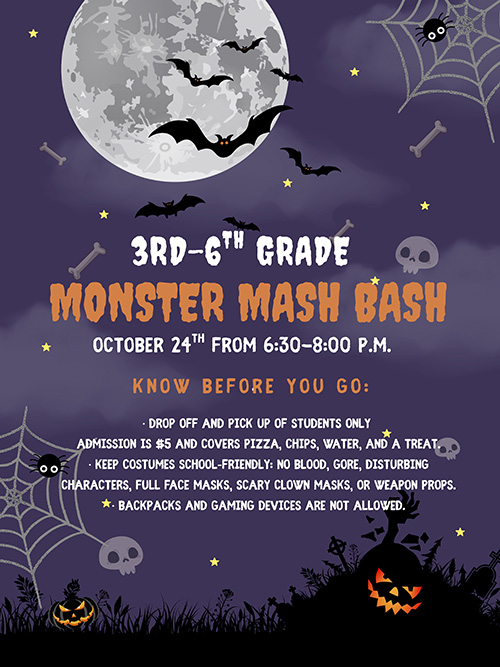 Monster Mash Bash flyer for third through sixth grades
